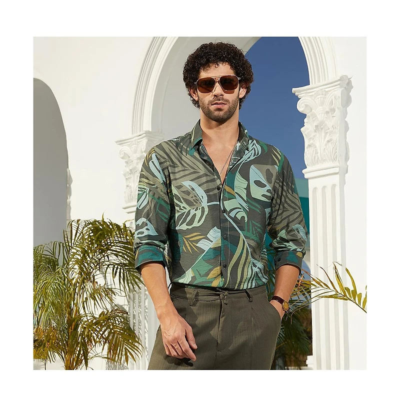 Campus Sutra Men's Jungle Green Palm Print Casual Shirt