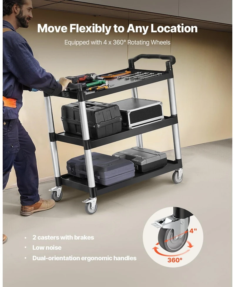 Mecale 3-Tier Utility Cart, 500-Lb Capacity, 31.1" x 19.3", Plastic Service Cart w/ Swivel Wheels & Brakes