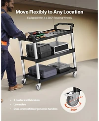 Mecale 3-Tier Utility Cart, 500-Lb Capacity, 31.1" x 19.3", Plastic Service Cart w/ Swivel Wheels & Brakes