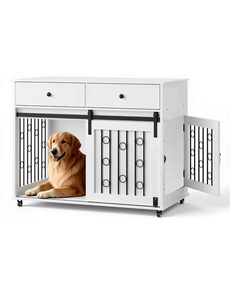 Aostirmotor Dog Crate Furniture with Double Drawers and Sliding Barn Door in White