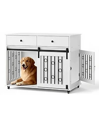 Aostirmotor Dog Crate Furniture with Double Drawers and Sliding Barn Door in White