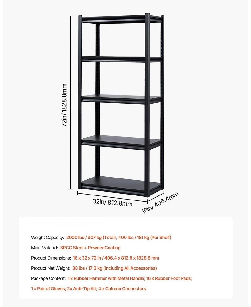 Mecale 5-Tier Storage Shelves, 2000-Lb Capacity, 16"D x 32"W x 72"H, Adjustable Metal Utility Rack, Black