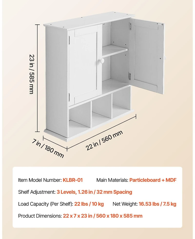 Volenca Bathroom Wall Cabinet, 2 Doors, Adjustable Shelf, Wall-Mounted Over-Toilet Storage w/ Open Shelves, White