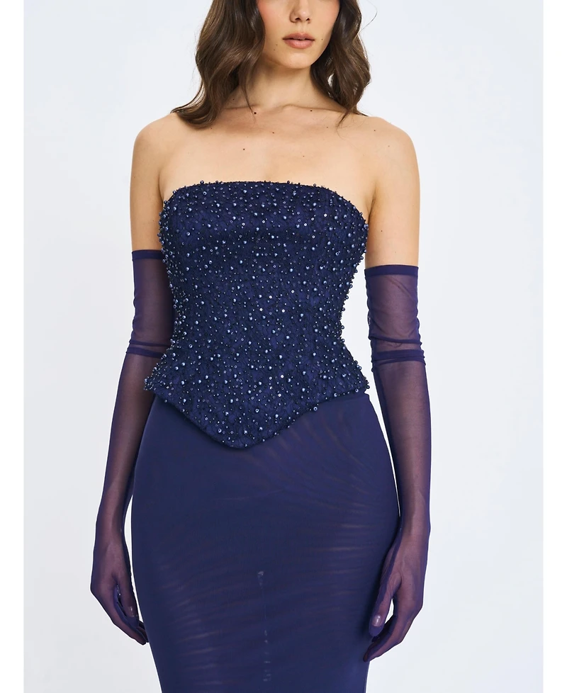 Miss Circle Women's Orabelle Navy Beaded Peplum Mermaid Gown with Lace-up Back