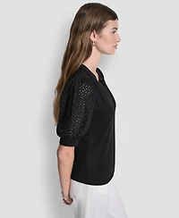 Dkny Jeans Petite Rib Body Eyelet V-Neck Top