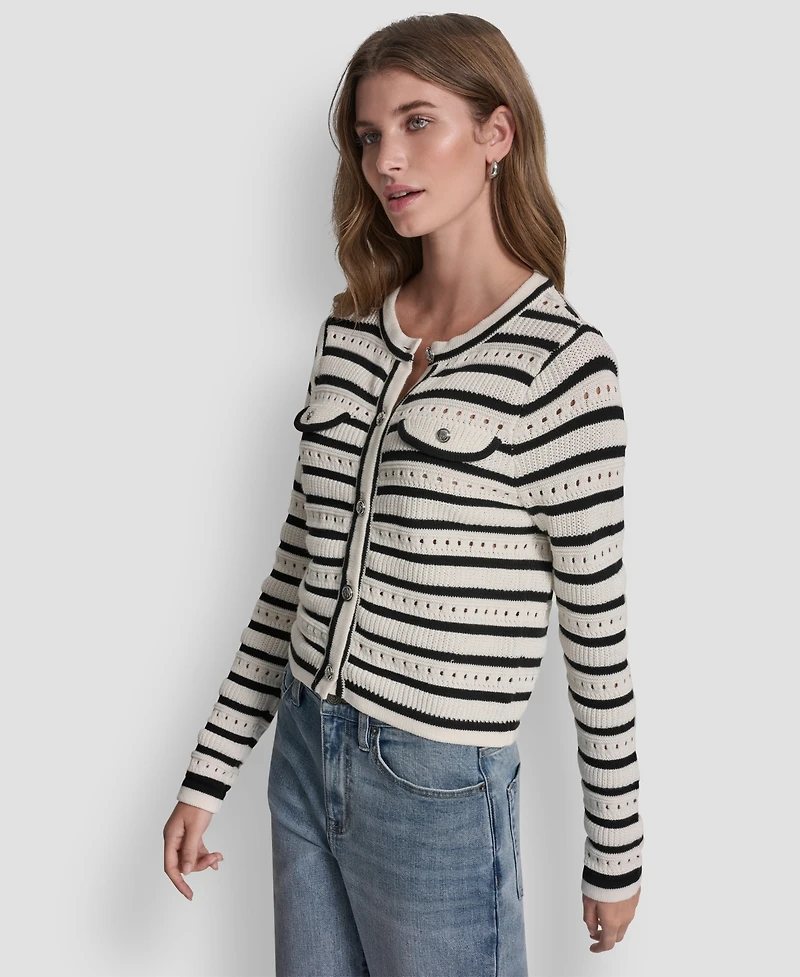 Dkny Jeans Petite Long-Sleeve Crewneck Pointelle Cardigan