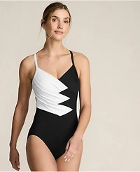 Lands' End Women's SlenderSuit Pleated Low Leg One Piece Swimsuit