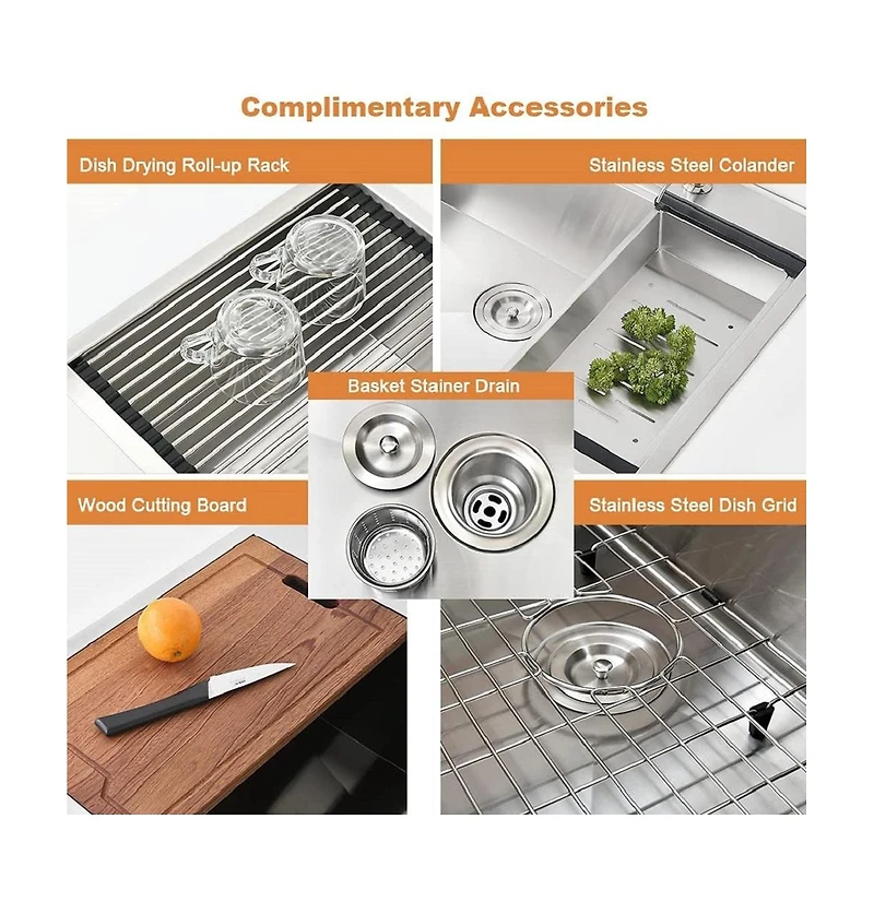 flynama 33x22x10 Inch Drop In Workstation Kitchen Sink 16 Gauge SUS304 Stainless Steel Single Bowl R10 Radius With 5 Accessories