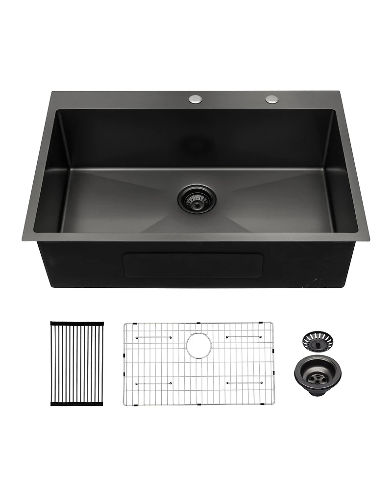 flynama Gunmetal Black Single Bowl Topmount Kitchen Sink 16 Gauge T304 Nano Stainless Steel With Dish Grid Drain Assembly Drying Rack