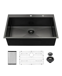 flynama Gunmetal Black Single Bowl Topmount Kitchen Sink 16 Gauge T304 Nano Stainless Steel With Dish Grid Drain Assembly Drying Rack