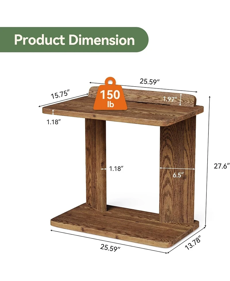 Tribesigns Solid Wood C-Shaped End Table, Farmhouse Wooden Side Table with Book Groove & Holder, 2-Tier Bedside Nightstand