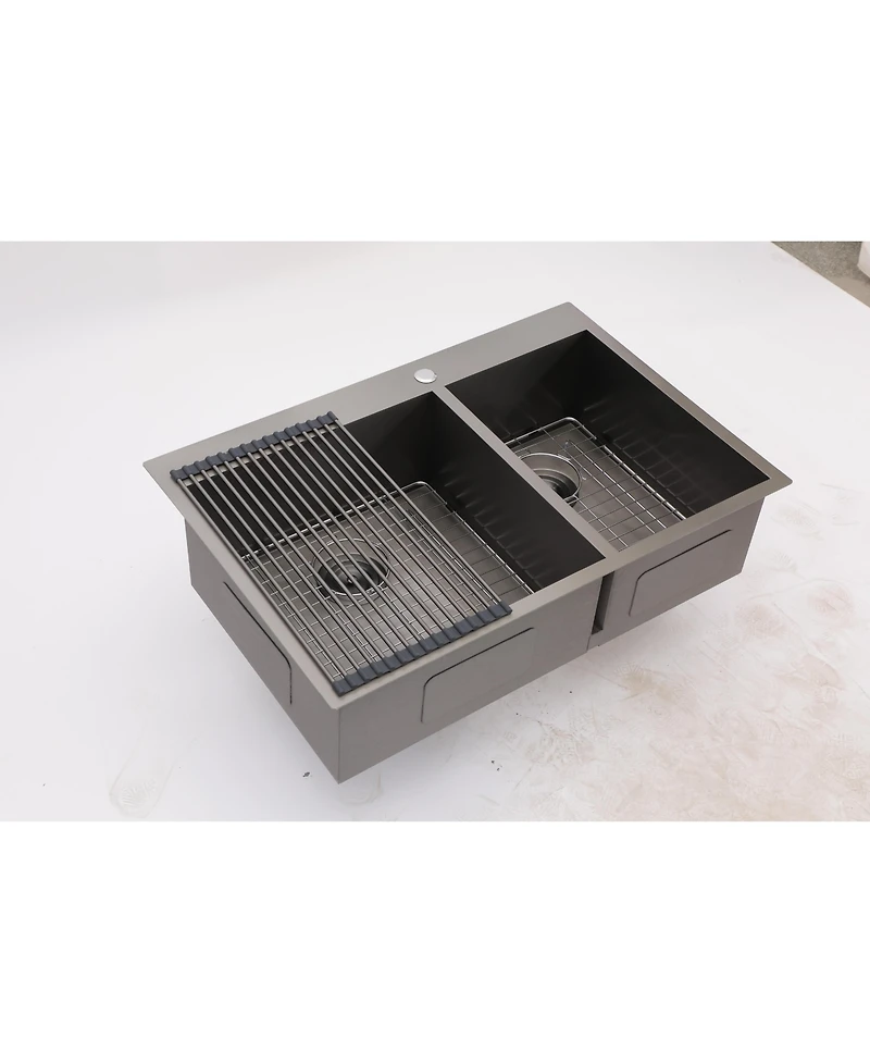flynama 33x22x9inch Gunmetal Black Double Bowl Kitchen Sink Drop In Stainless Steel 16 Gauge 60 40 Split