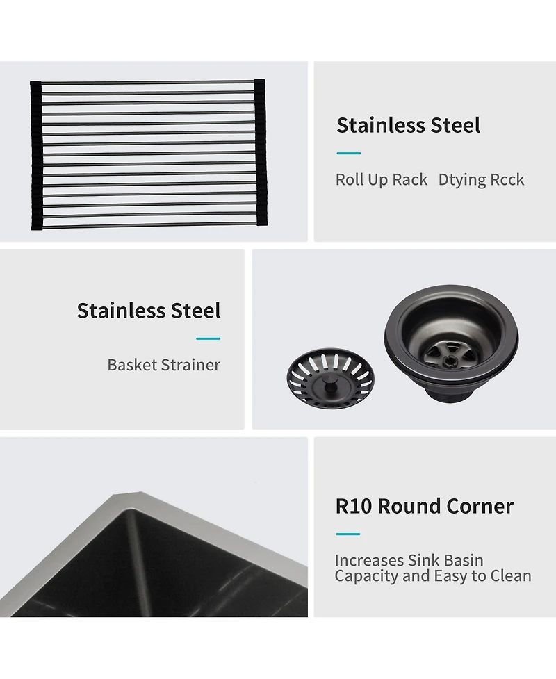 flynama 32x19x10inch Gunmetal Black Undermount Kitchen Sink Single Bowl Stainless Steel 16 Gauge