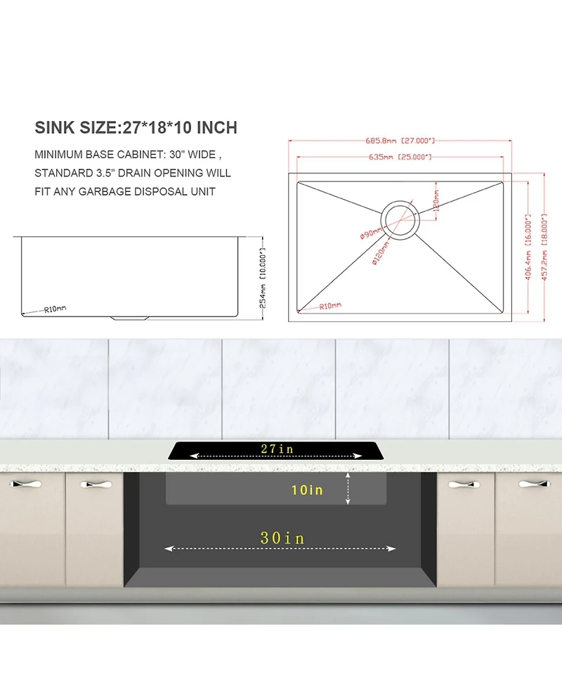 flynama 27x18x10inch Undermount Kitchen Sink Single Bowl Stainless Steel 16 Gauge Deep Basin