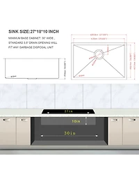 flynama 27x18x10inch Undermount Kitchen Sink Single Bowl Stainless Steel 16 Gauge Deep Basin