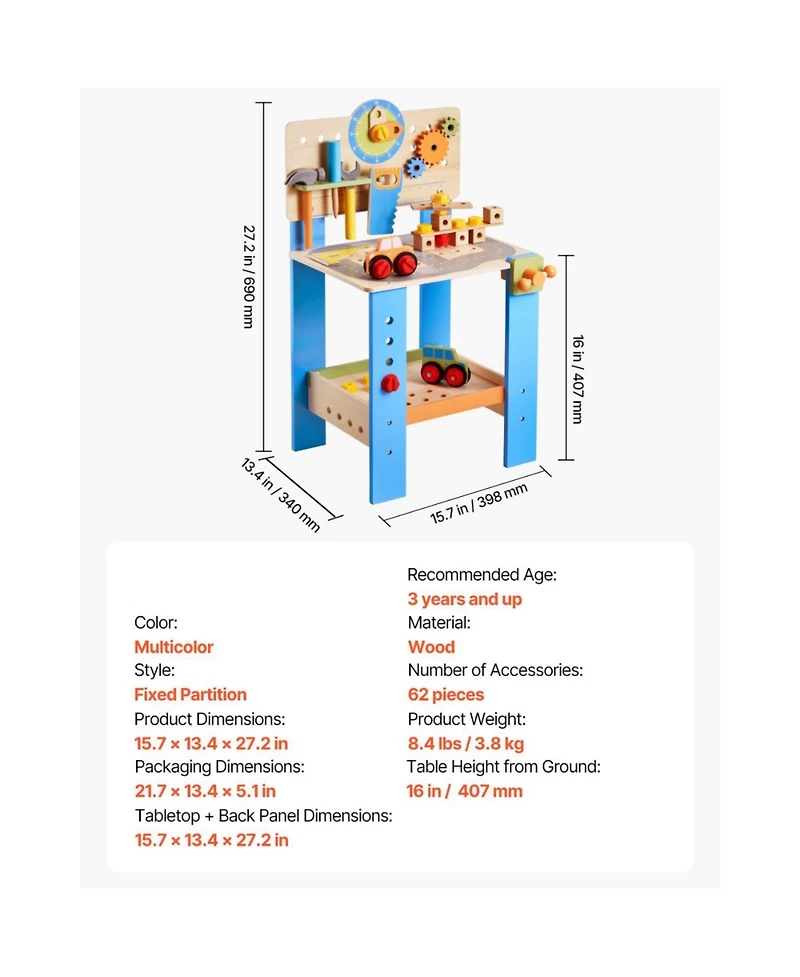 Slickblue Kids Wooden Workbench, 62-Piece Tool Set for Ages 3+