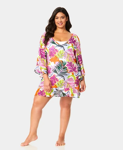 Anne Cole Plus Size V-Neck Bell Sleeve Printed Swim Tunic Cover Up