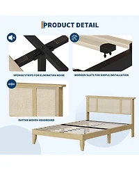 gaomon Full Bohemian Rattan Headboard Bed with Strong Wood Slats, Metal Platform Base, Cane Accent Style, Durable Support, No Box Spring Needed