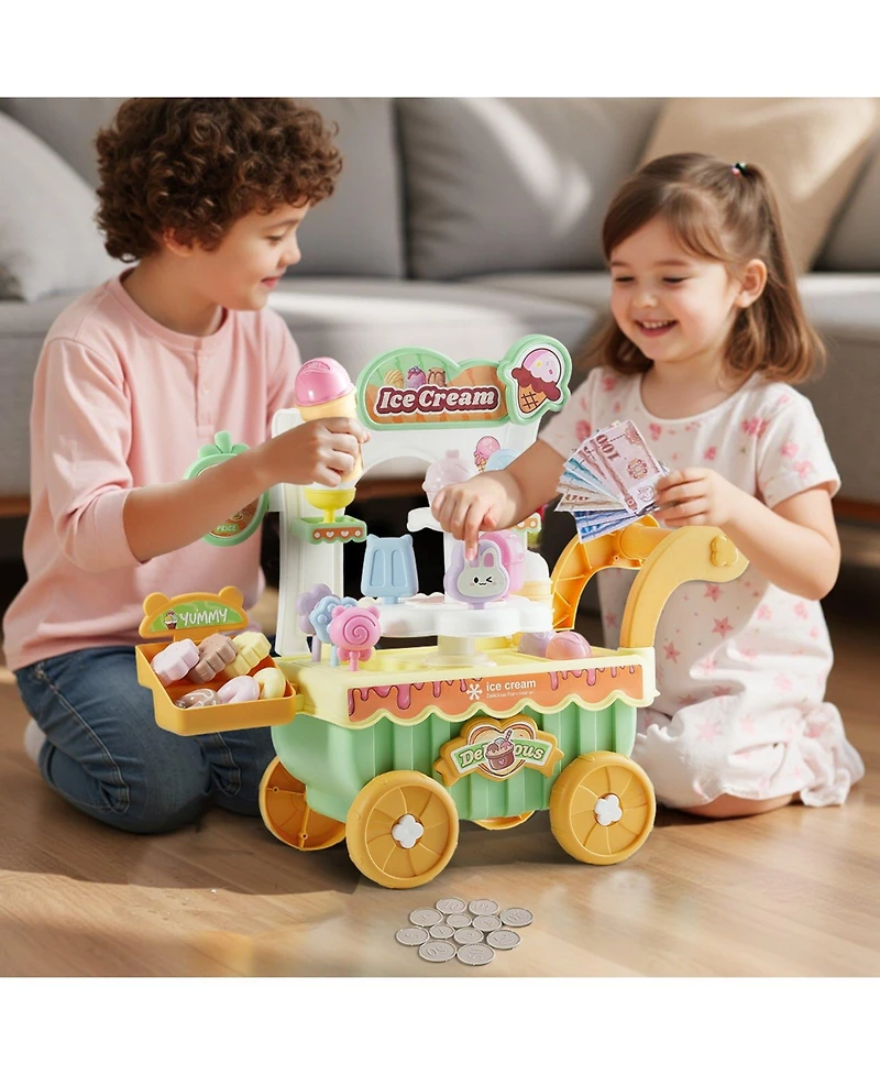 Slickblue Ice Cream Cart for Kids, 27 Pcs Accessories, Pretend Play Store with Storage Trolley with Pretend Money