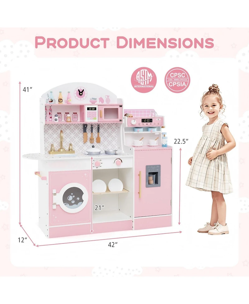 Hongge Wooden Kids Play Kitchen with Ice Maker Coffee Station and Storage