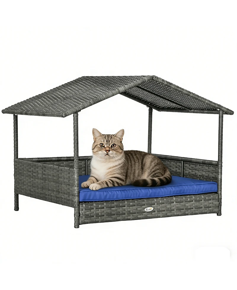 Zeus & Ruta Dark Blue Outdoor Wicker Cat House with Canopy