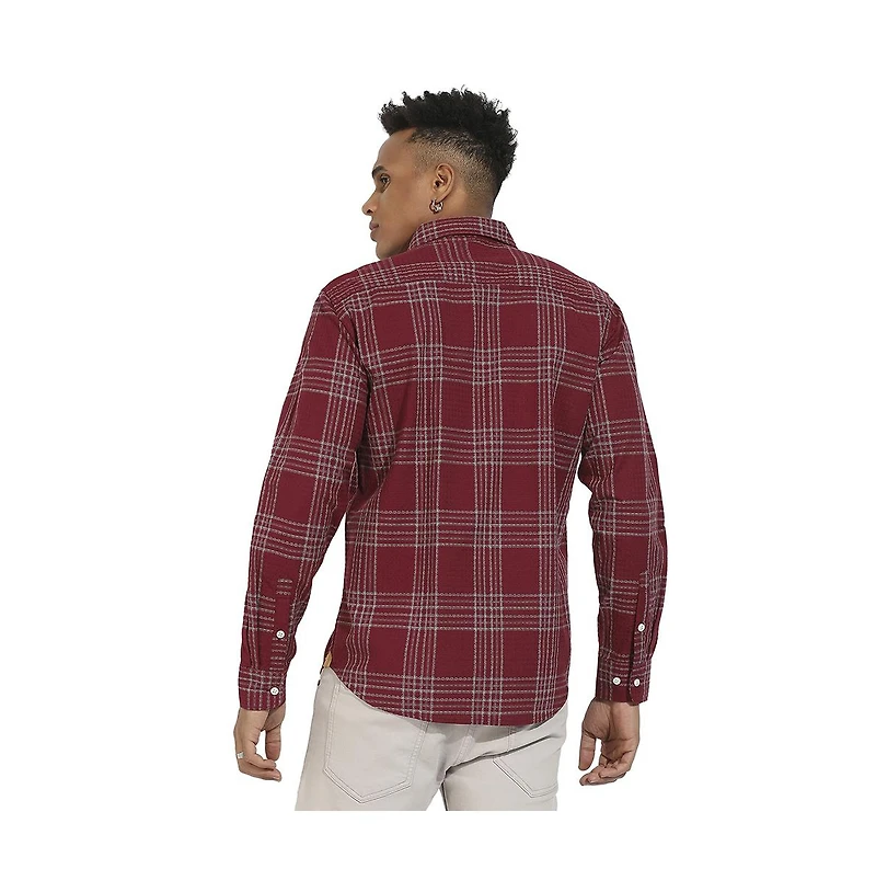 Campus Sutra Men's Maroon Red Chalk Tartan Plaid Shirt