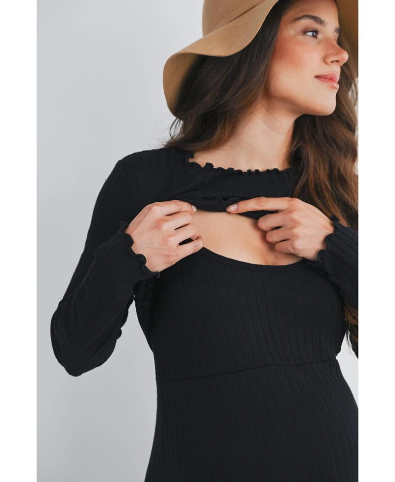 Hello Miz Maternity Long Sleeve Round Neck Ribbed Nursing Friendly Dress