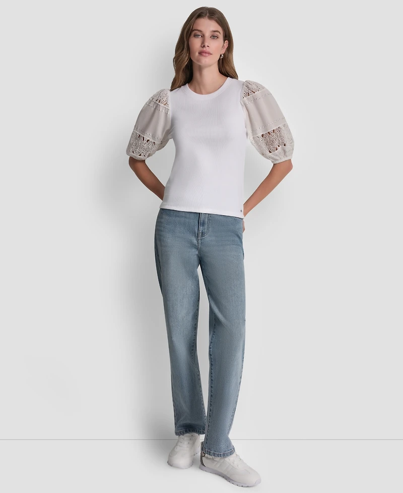Dkny Jeans Women's Crewneck Lace Eyelet Pull-On Top