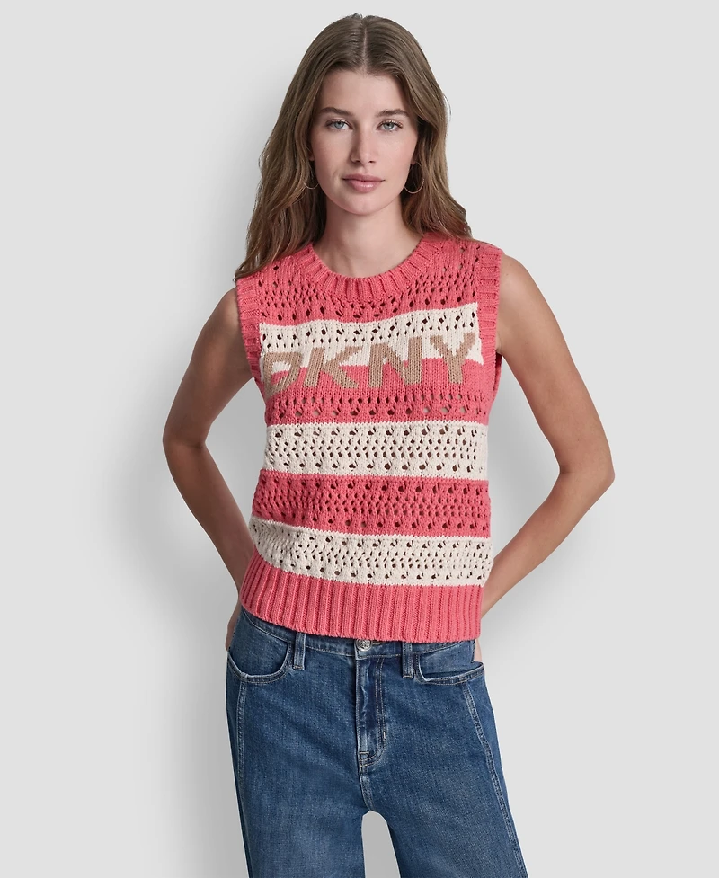 Dkny Jeans Women's Crewneck Striped Pointelle Stitch Sweater