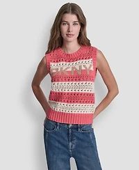 Dkny Jeans Women's Crewneck Striped Pointelle Stitch Sweater