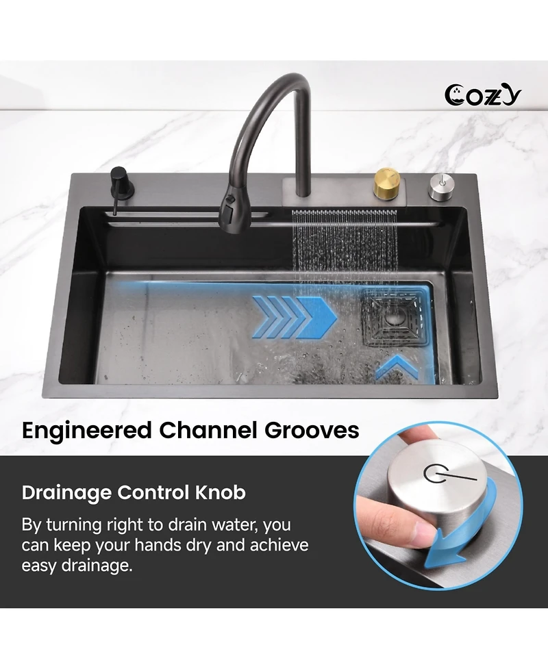 flynama 30x22inch Black Waterfall Kitchen Sink Stainless Steel Single Bowl Workstation SSBL12 with Flying rain Faucet Cutting Board