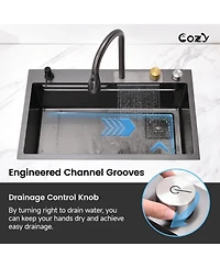 flynama 30x22inch Black Waterfall Kitchen Sink Stainless Steel Single Bowl Workstation SSBL12 with Flying rain Faucet Cutting Board