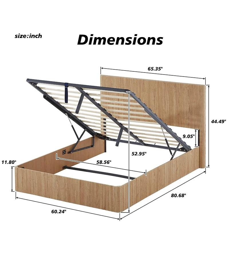 Boyel Living Queen Lift-Up Storage Bed Frame with Hydraulic System, Wooden Corrugated Curved Lines.