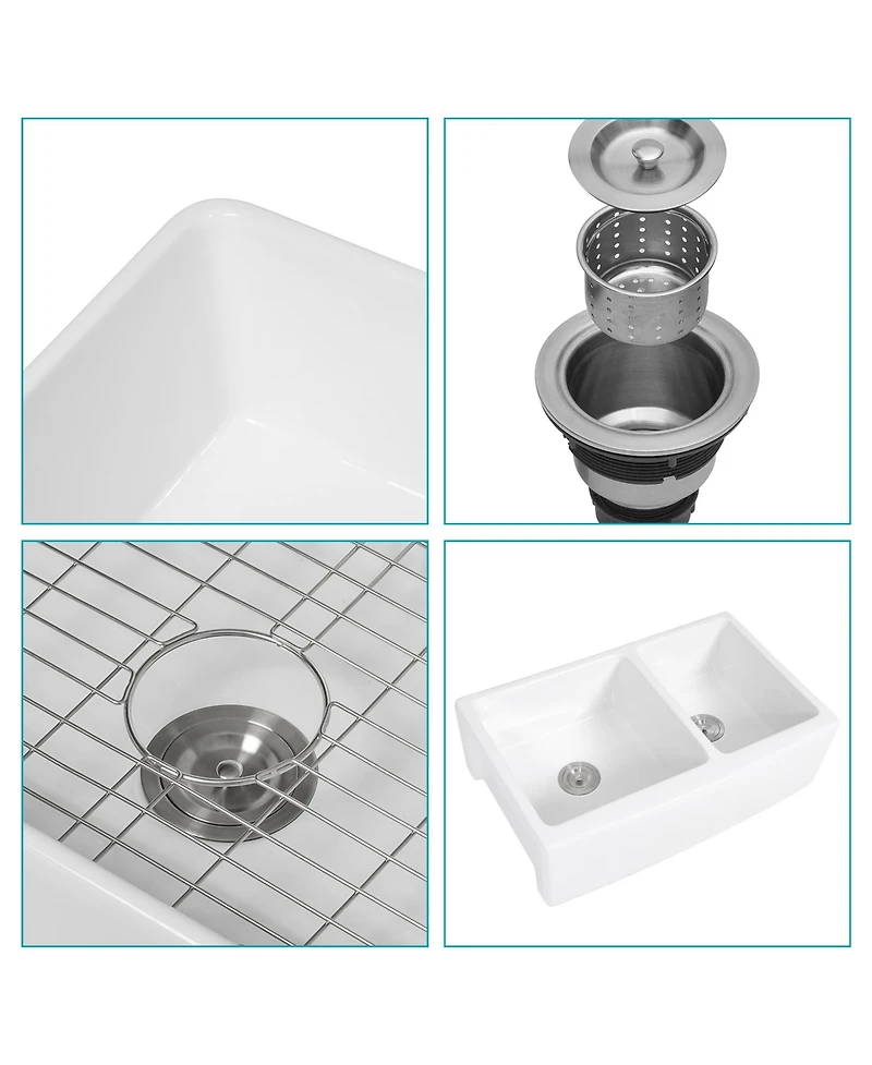 flynama White Ceramic Porcelain 6040 Double Bowl Farmhouse Kitchen Sink with Stainless Steel Accessories