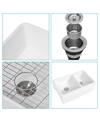 flynama White Ceramic Porcelain 6040 Double Bowl Farmhouse Kitchen Sink with Stainless Steel Accessories