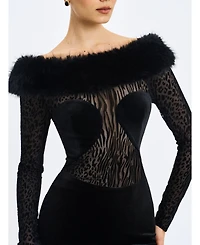 Miss Circle Women's Alexis Black Animal Print Fur Boatneck Maxi Dress