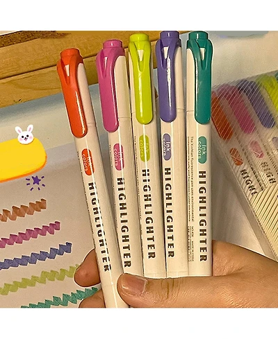 Htutwoo 5-Pcs Sunny Color Series Double-Ended Highlighter Set, Student Marking Pen, Color Handbook Pen for Card Making and Highlighting