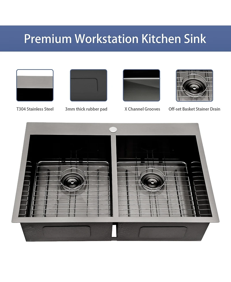 flynama Undermount Kitchen Sink Gunmetal 16G T304 Stainless Steel Ledge Workstation with Full Accessories Nano Plating