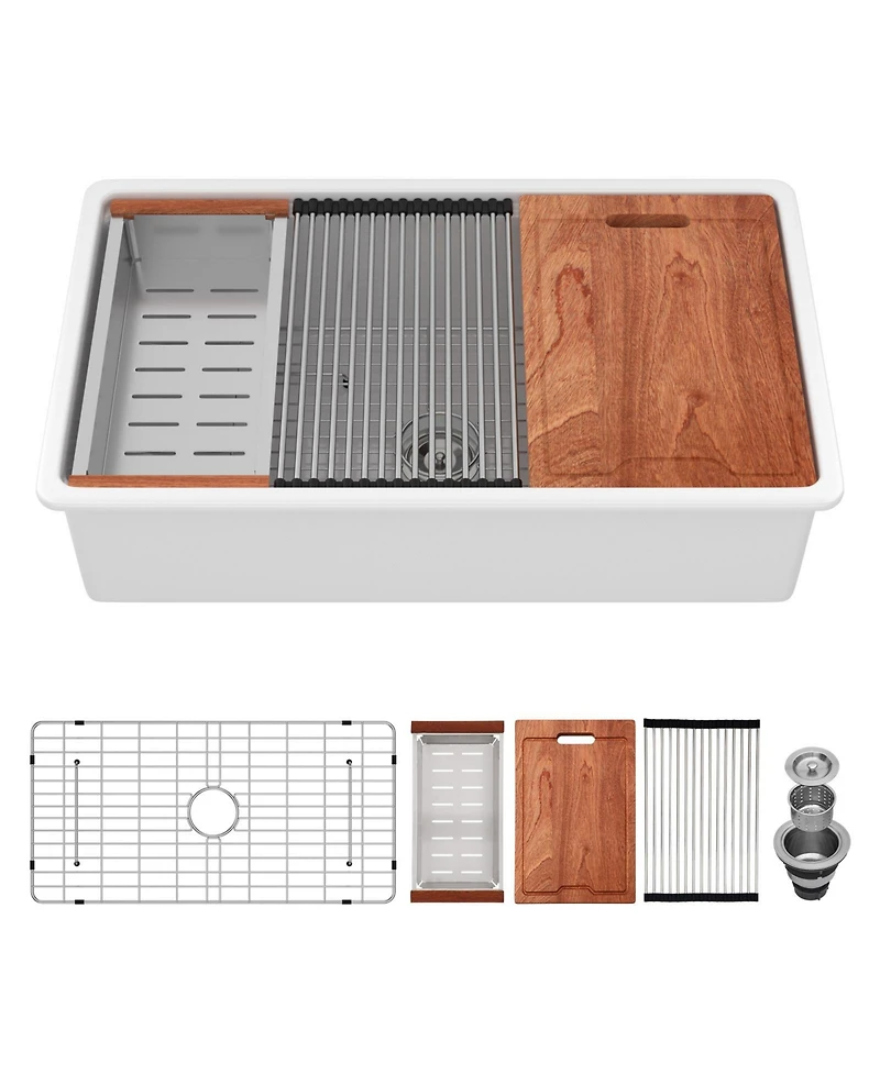 flynama Porcelain Ceramic Single Bowl Dual Mount Undermount Workstation Kitchen Sink