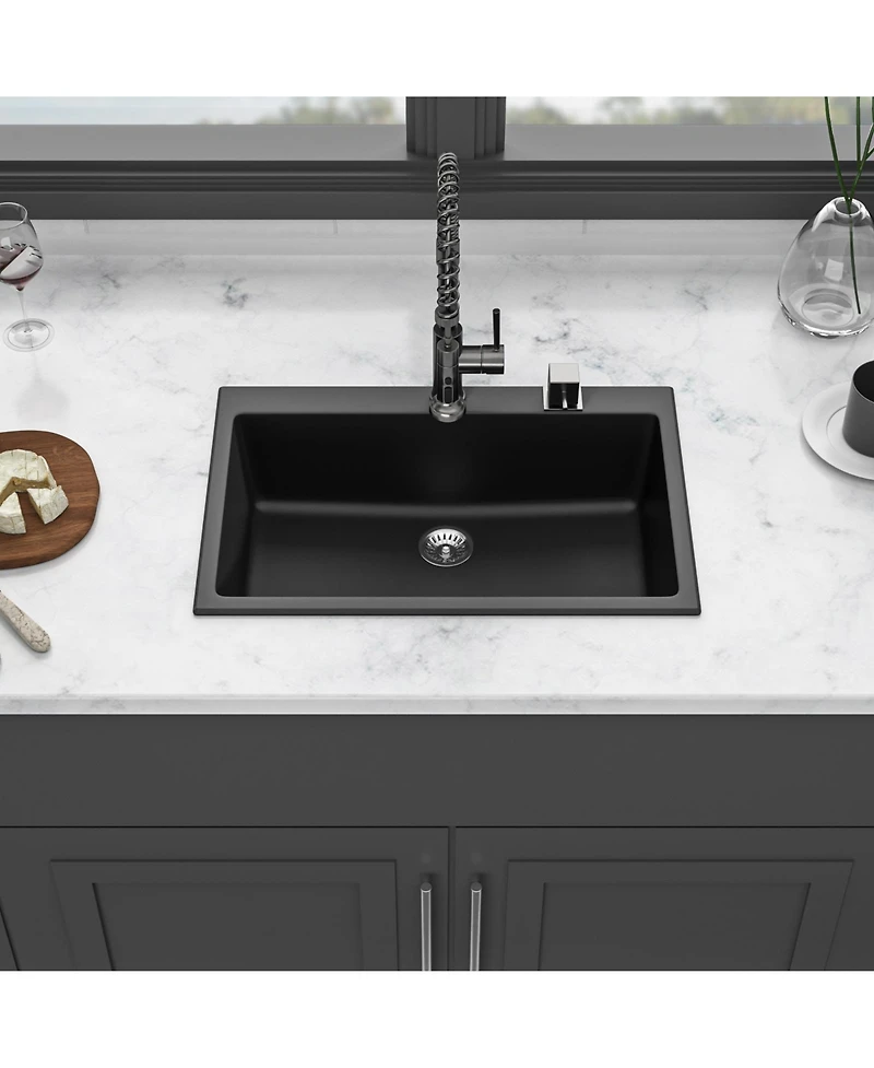flynama huluwat Black Quartz Composite Kitchen Sink Drop In Granite