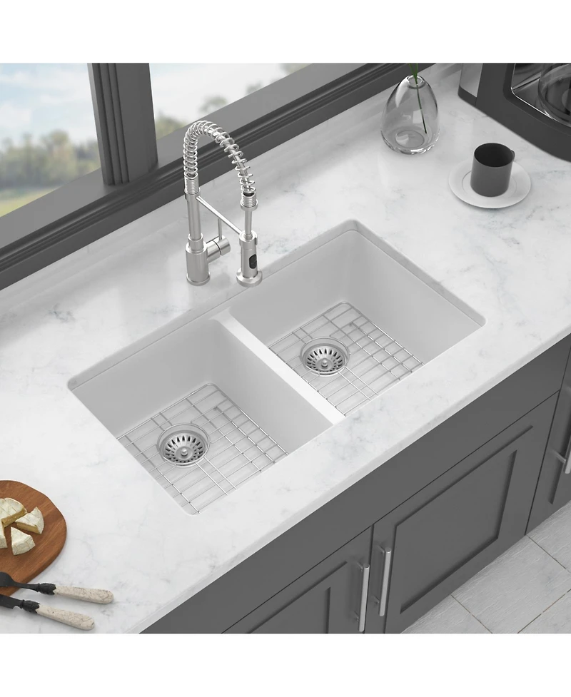 flynama 33x19x10.33inch White Quartz Composite Kitchen Sink Double Bowl Undermount