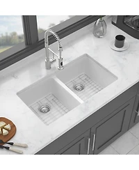flynama 33x19x10.33inch White Quartz Composite Kitchen Sink Double Bowl Undermount