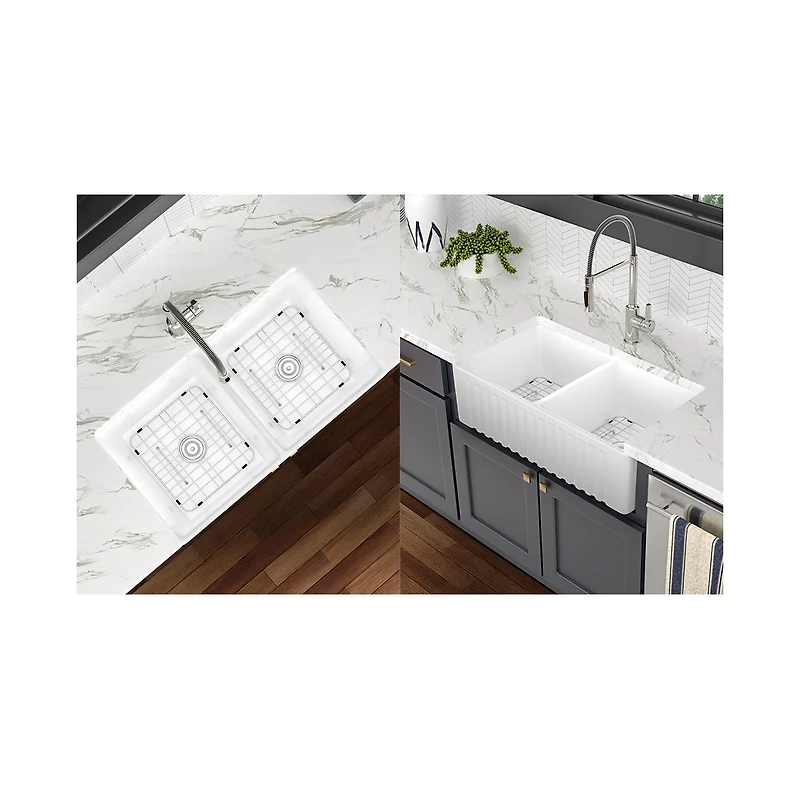 flynama 33x18x10inch Ceramic White Farmhouse Kitchen Sink Rectangular Double Basin Vessel Sink