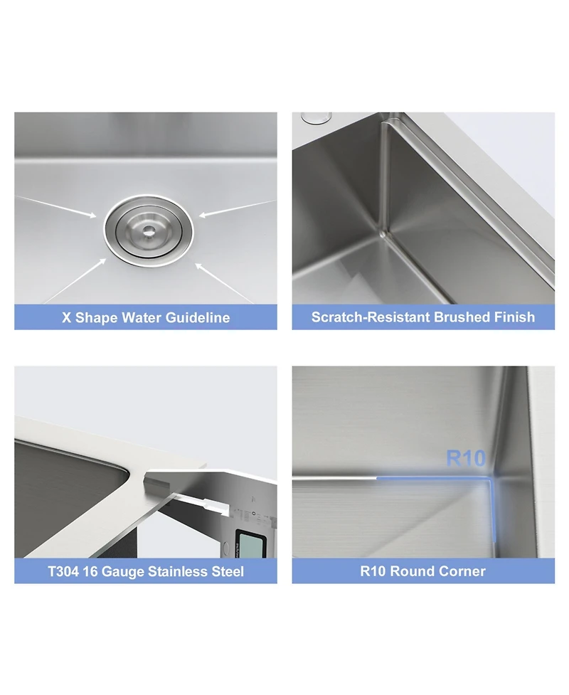 Flynama 33x22x10inch Drop in Kitchen Sink with Pull Out Faucet 16 Gauge Stainless Steel Single Bowl