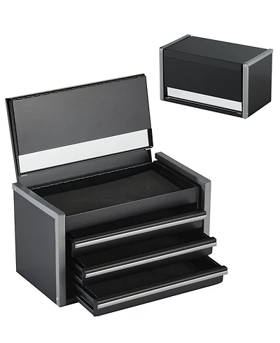 Metal Tool Box, 8.6", 3-Drawer Portable Tool Chest, Eva Liners, Pp Feet, Ball-Bearing Slides, Black