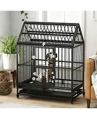 Aostirmotor Dog Crate with 4 Lockable Wheels, Double Doors, and Removable Tray in Black