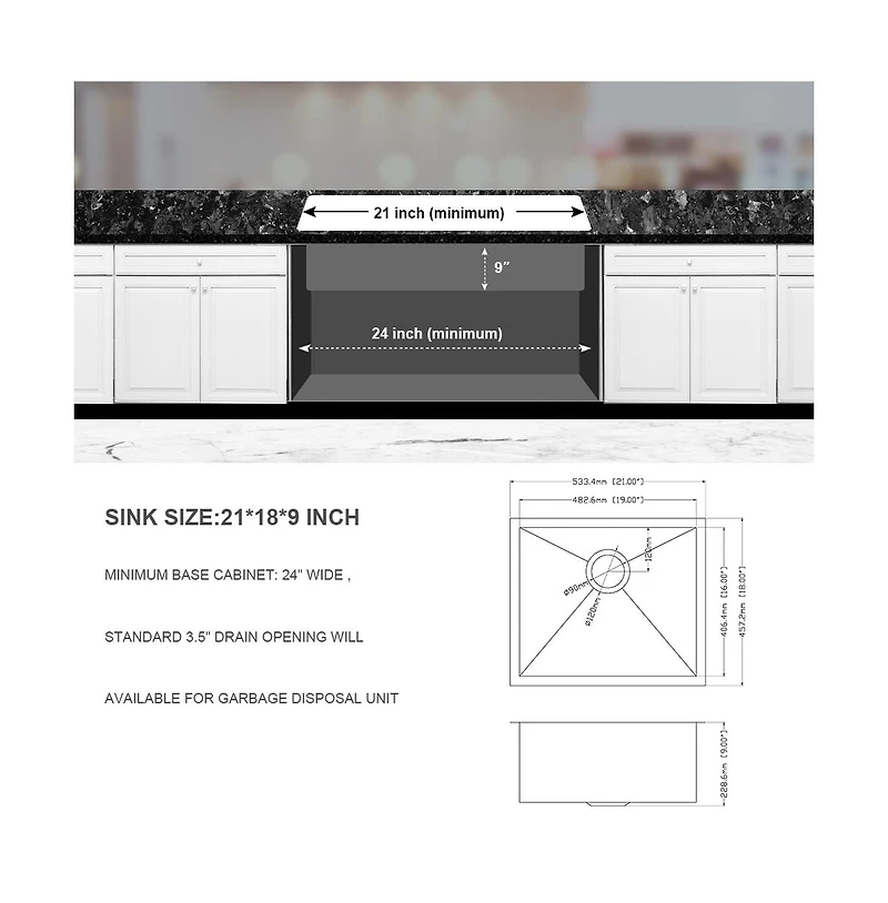 21x18x9 Inch Undermount Stainless Steel Kitchen Sink 16 Gauge 304 Single Bowl With Drain Assembly