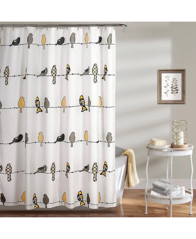 Slickblue 72x72 Inch Yellow Grey Birds Floral Polyester Shower Curtain