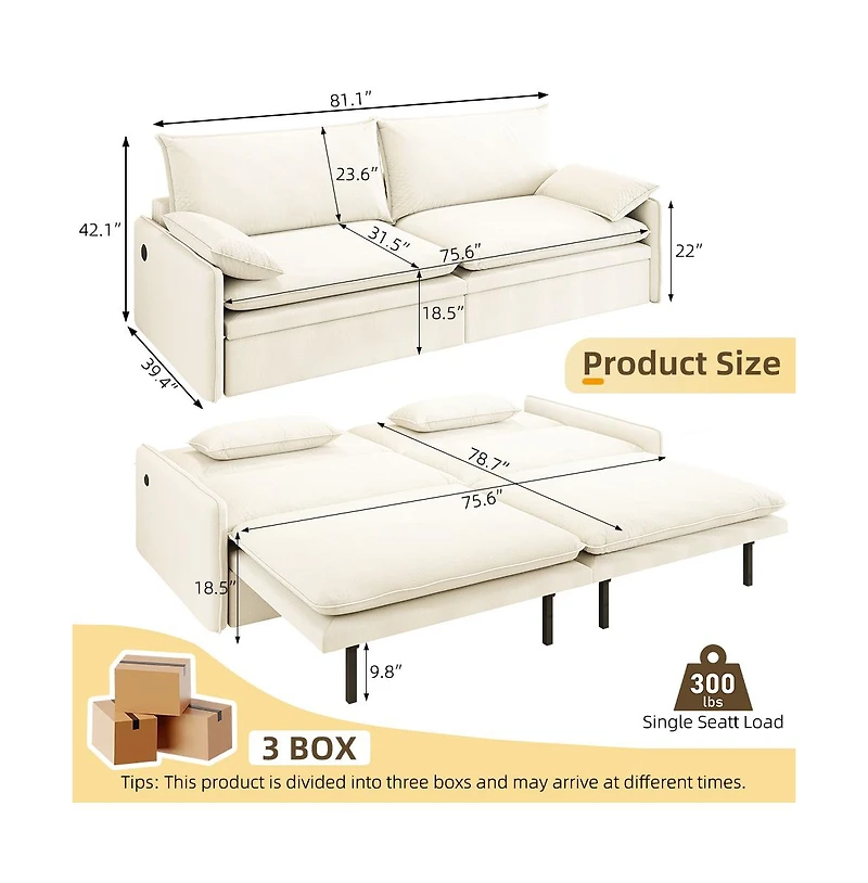 Maison Boucle 4-Seat Pull-Out Sleeper Sofa Bed, 81'' Chenille Upholstery & Usb Port