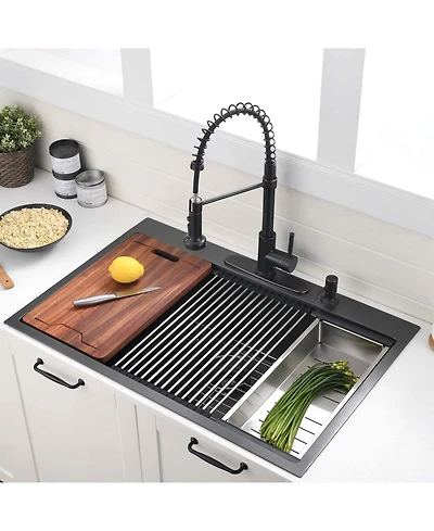 flynama 36x22inch Gunmetal Black Workstation Kitchen Sink 16 Gauge Stainless Steel with Accessories